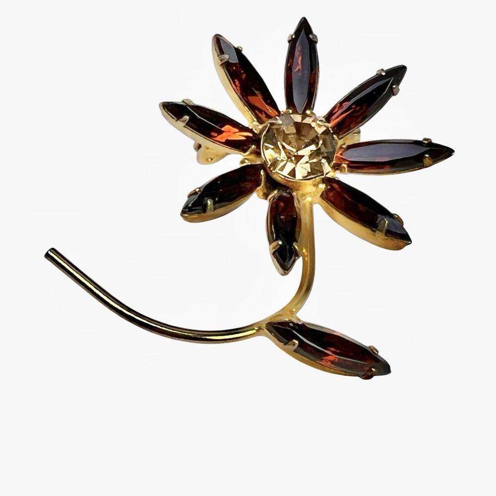 Vintage Topaz Flower Brooch Retro Old Hollywood Brown Navette Rhinestone Petals